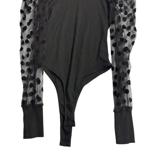 Shein Black Bodysuit Top Polka Dot Mesh Puff Long Sleeves Ribbed Womens‎ Medium - Picture 2 of 7